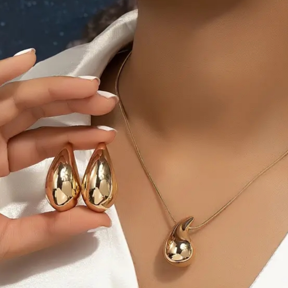 Chunky Gold Waterdrop Jewelry Set Necklace And Earrings Gold Rope Chain
